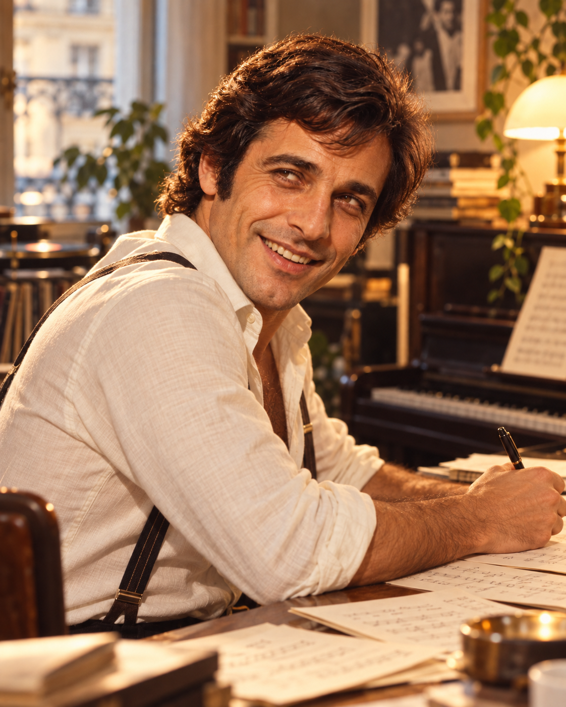 Marcel Soleil writing at the piano