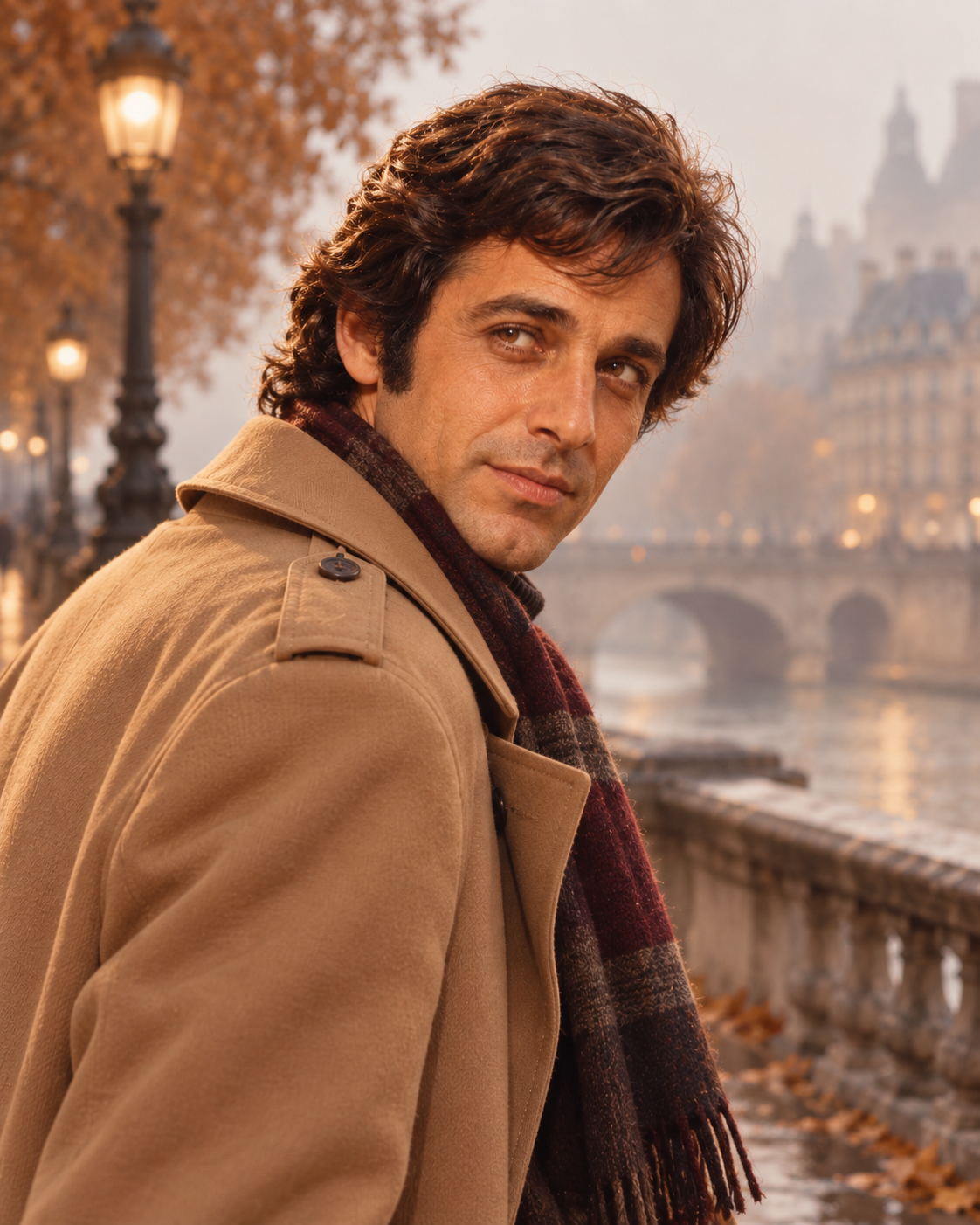Marcel Soleil on a Paris bridge in a camel coat