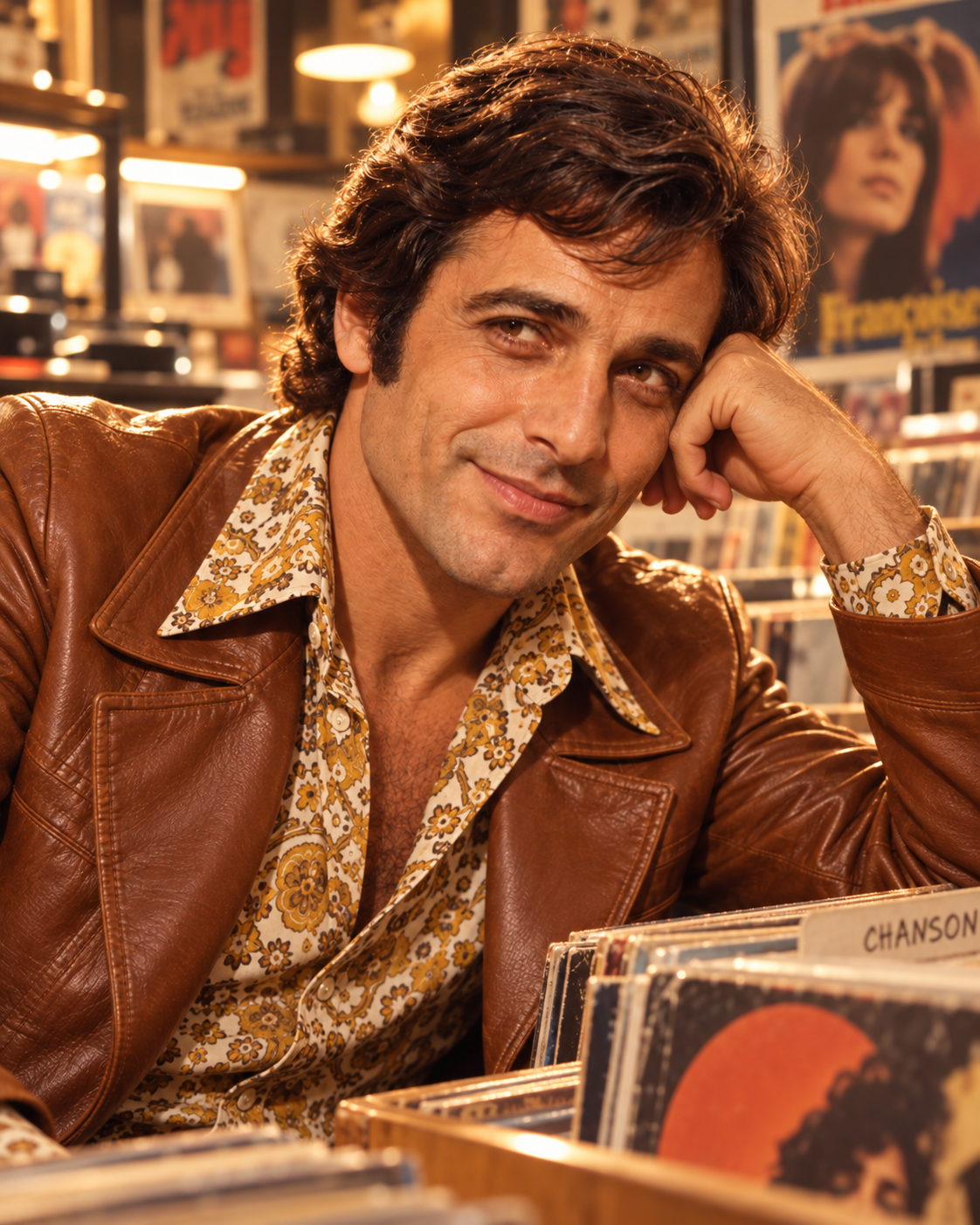Marcel Soleil in a record shop in a leather jacket