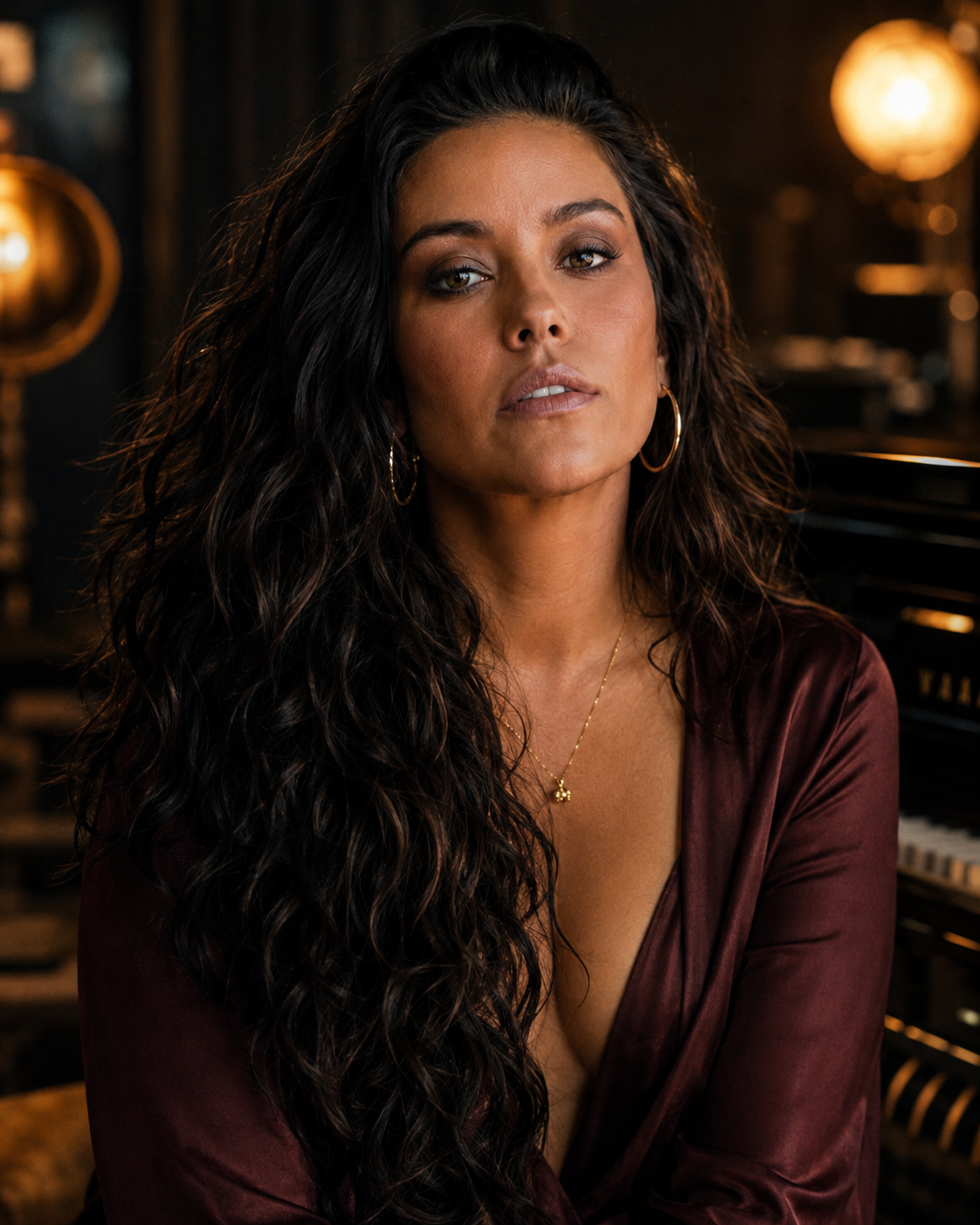 Maya Reeve in a burgundy studio look