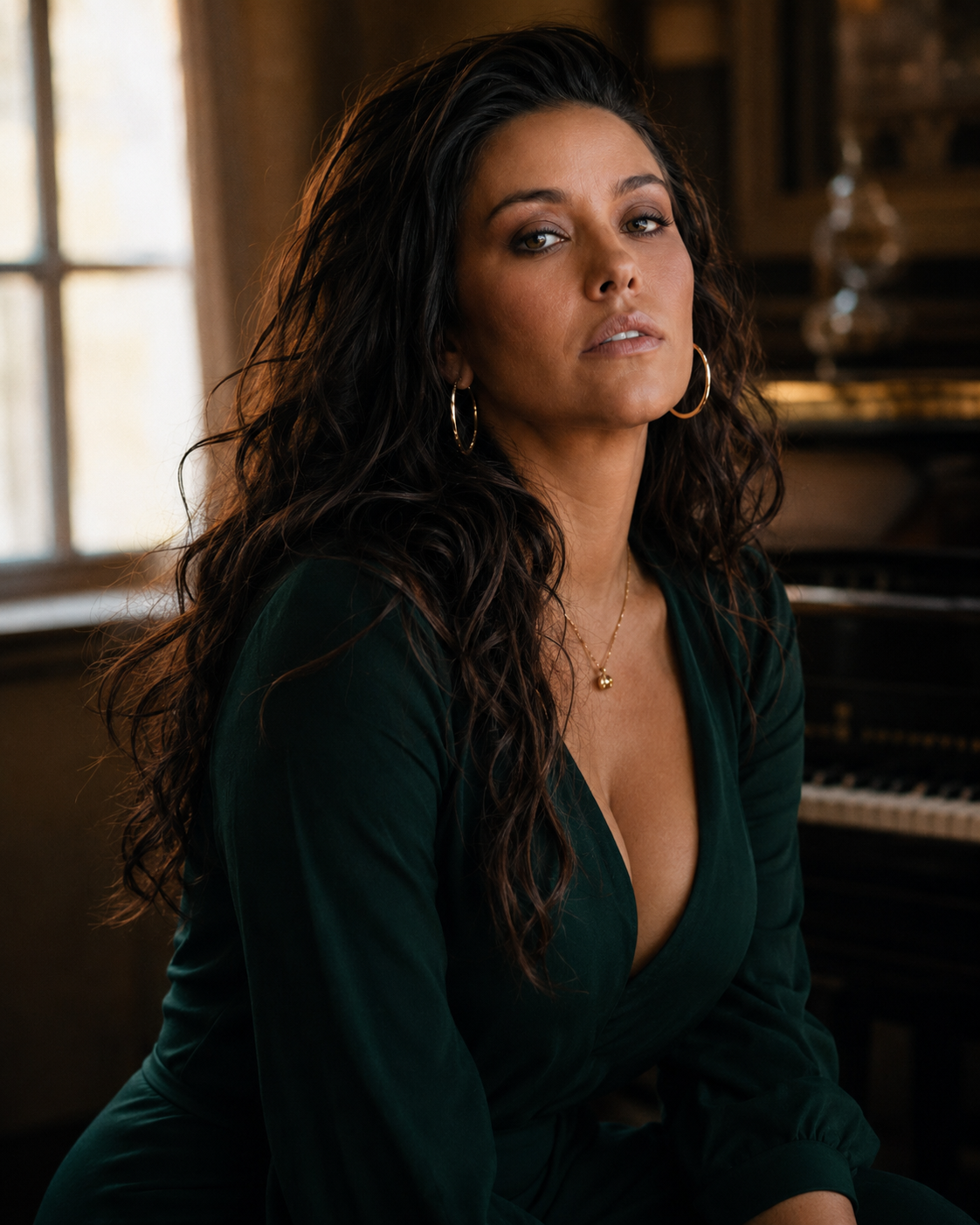 Maya Reeve in a deep green studio look