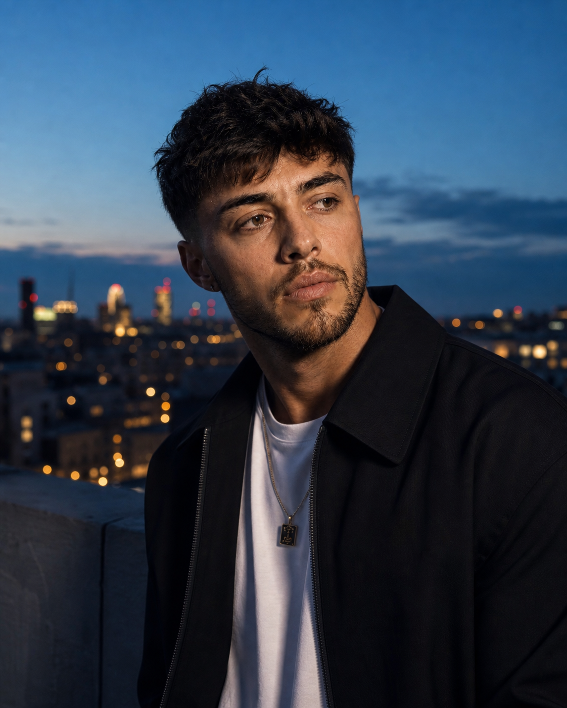 Milo Keene at blue hour above the city