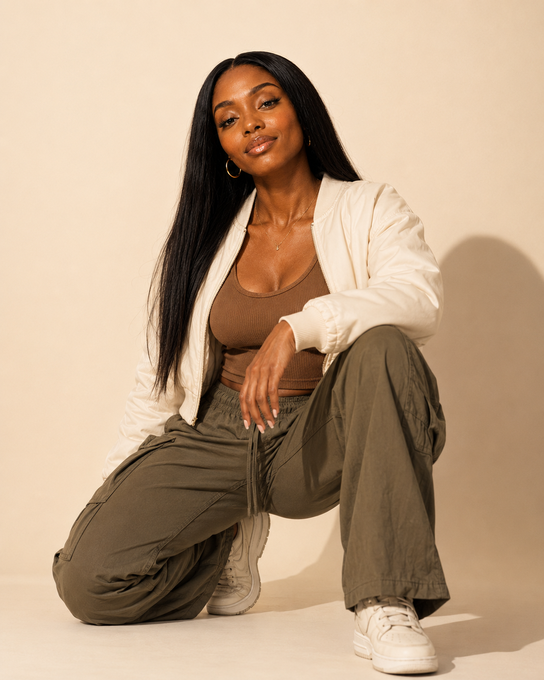 Nina Kazora in a relaxed neutral look